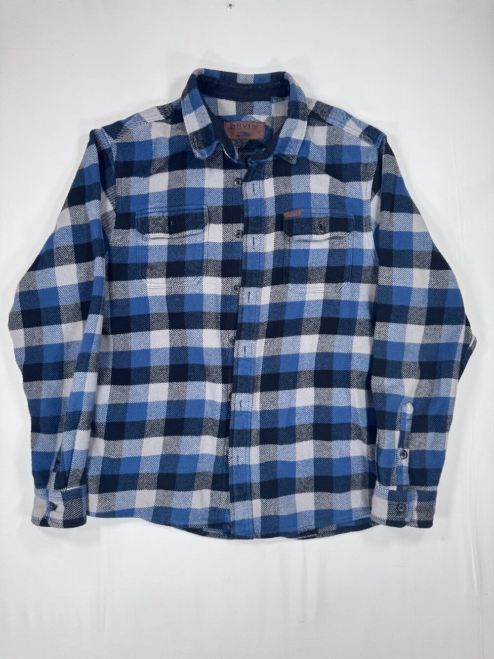 Orvis Flannel Shirt Blue White Plaid Button Down L Outdoor Lumberjack Cabincore